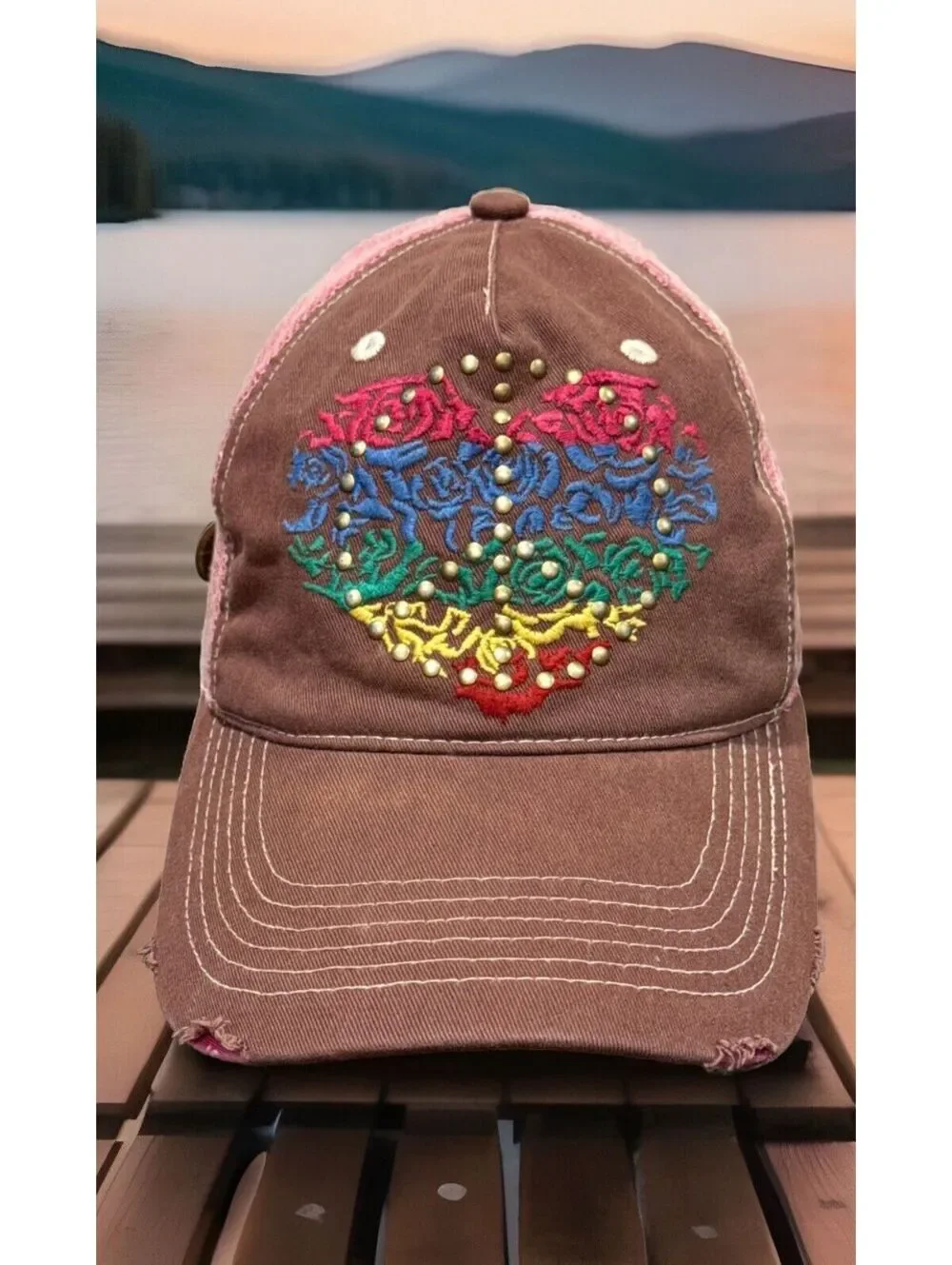 Peace Sign Heart Design Distresed Leather Strapback Baseball Cap